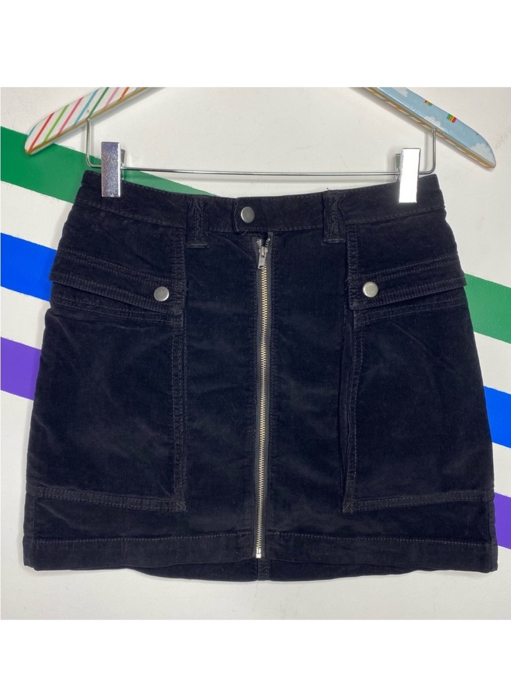 Free People Black Corduroy Front Zip Mini Skirt Utility Pockets Sz 2 NWOT